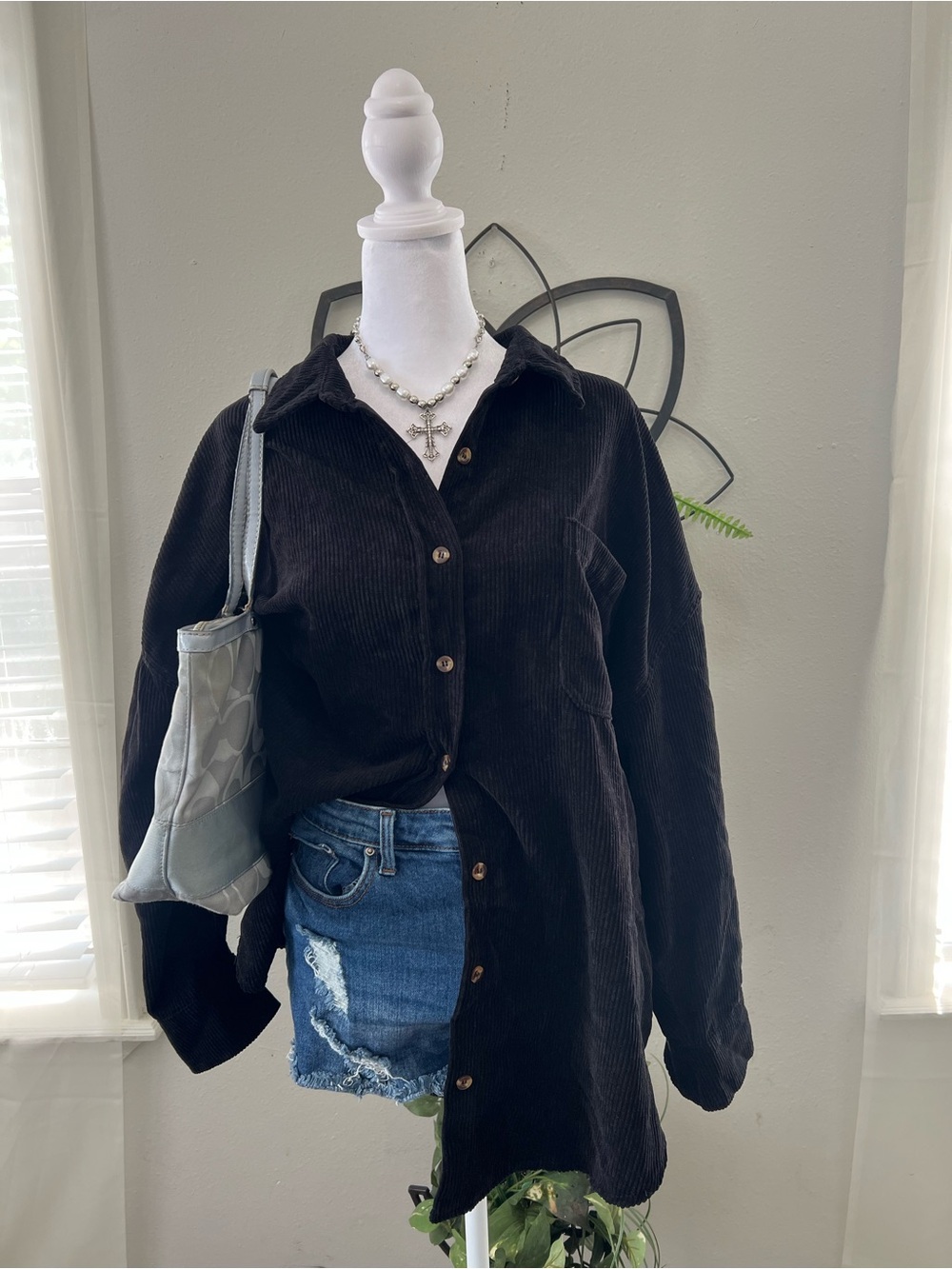 Oversized Black Corduroy Button Down Shirt Jacket Shacket Size XL